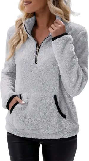 Fleece Sweatshirts for Women 2024 Fall Winter Half Zip Sweater Oversized Pullover Outfit Crewneck Hoodie with Pocket