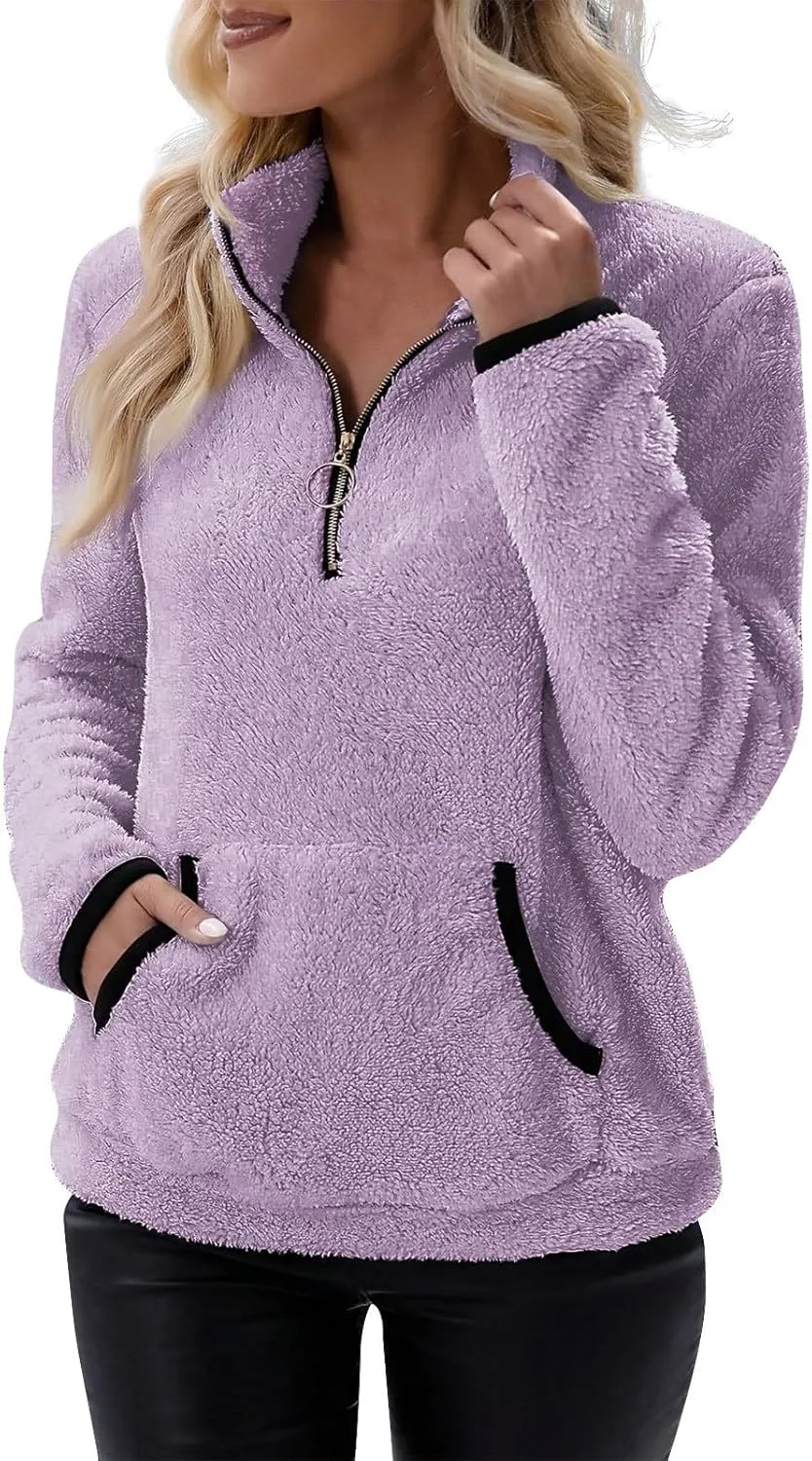 Fleece Sweatshirts for Women 2024 Fall Winter Half Zip Sweater Oversized Pullover Outfit Crewneck Hoodie with Pocket