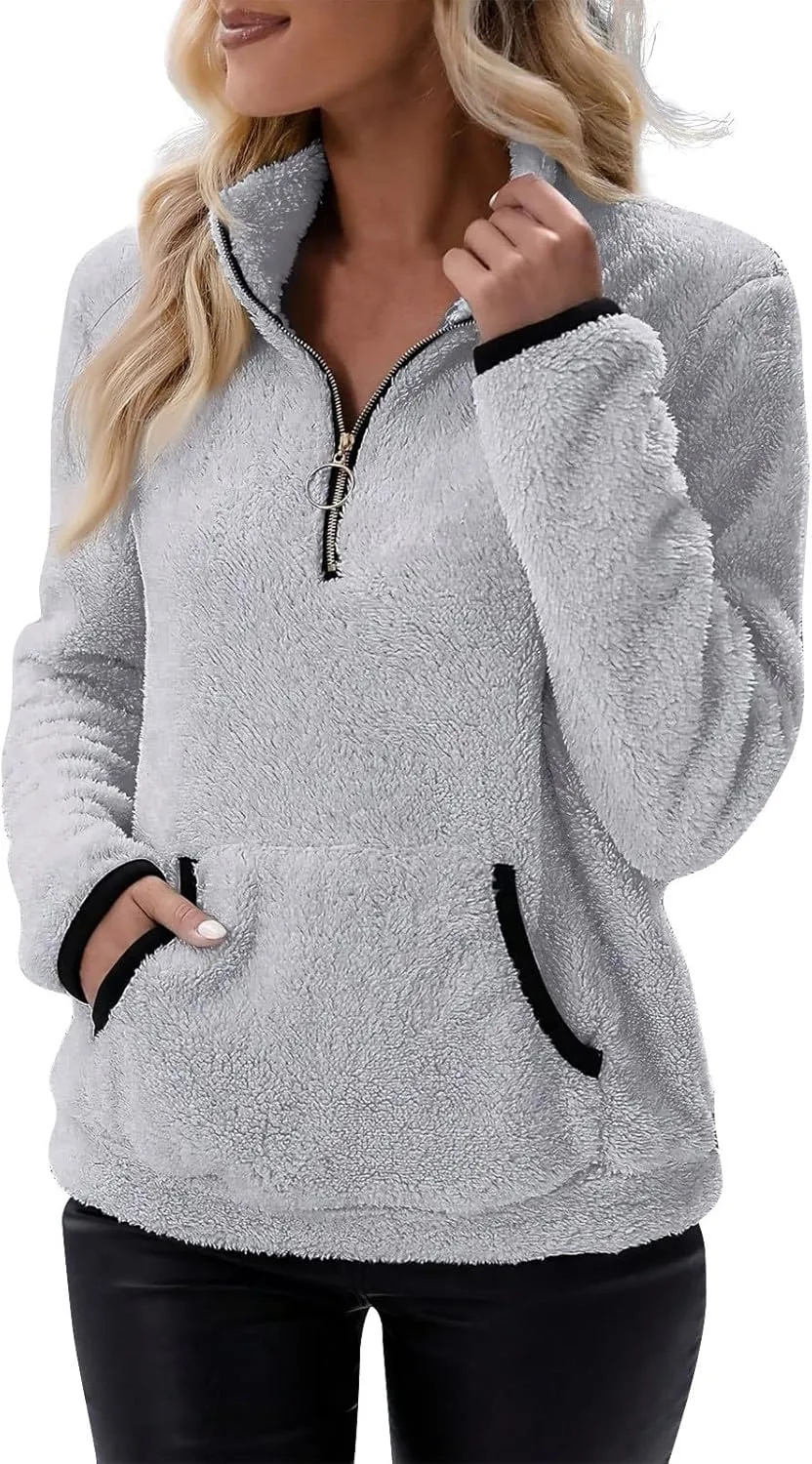 Fleece Sweatshirts for Women 2024 Fall Winter Half Zip Sweater Oversized Pullover Outfit Crewneck Hoodie with Pocket