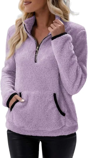 Fleece Sweatshirts for Women 2024 Fall Winter Half Zip Sweater Oversized Pullover Outfit Crewneck Hoodie with Pocket