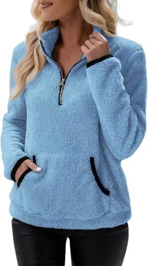 Fleece Sweatshirts for Women 2024 Fall Winter Half Zip Sweater Oversized Pullover Outfit Crewneck Hoodie with Pocket