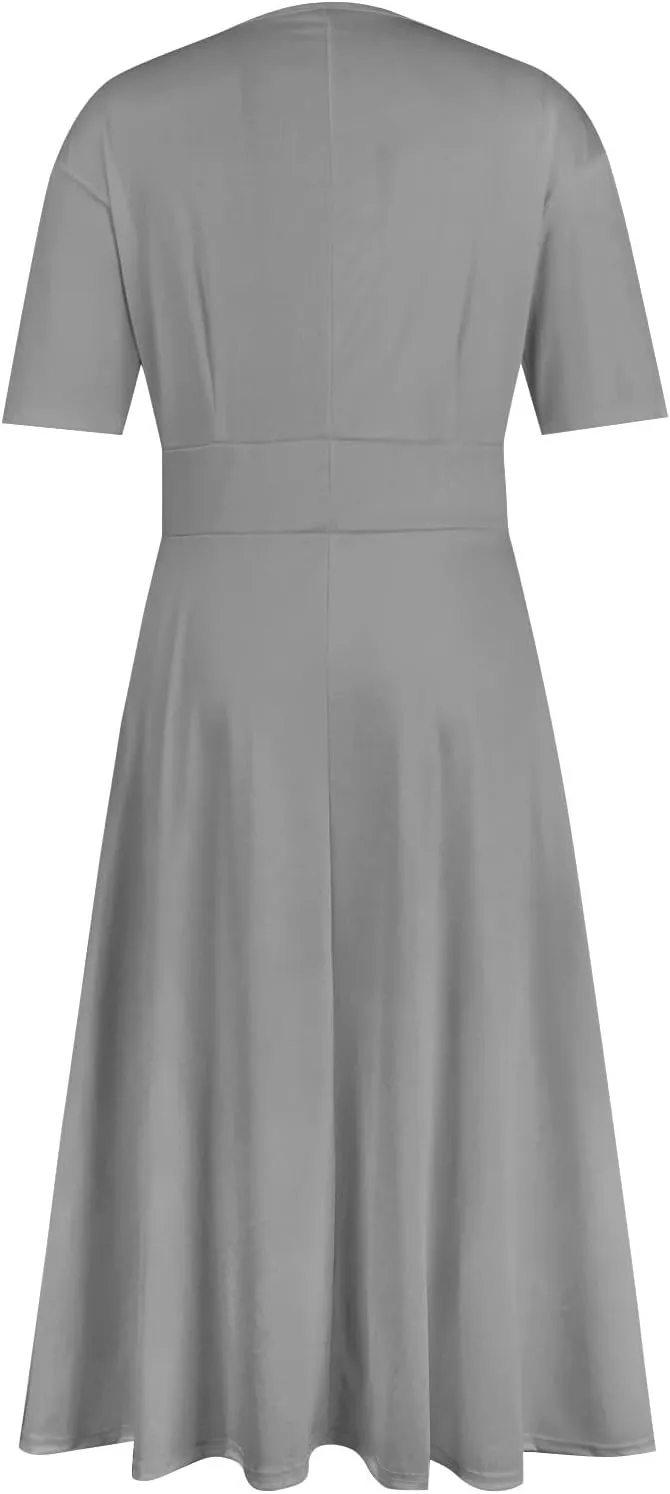 FlekmanArt Midi Dresses for Women A-Line Printing Swing Dress Short Sleeve Maxi Dress Waist V Neck Dressy Beach Dress