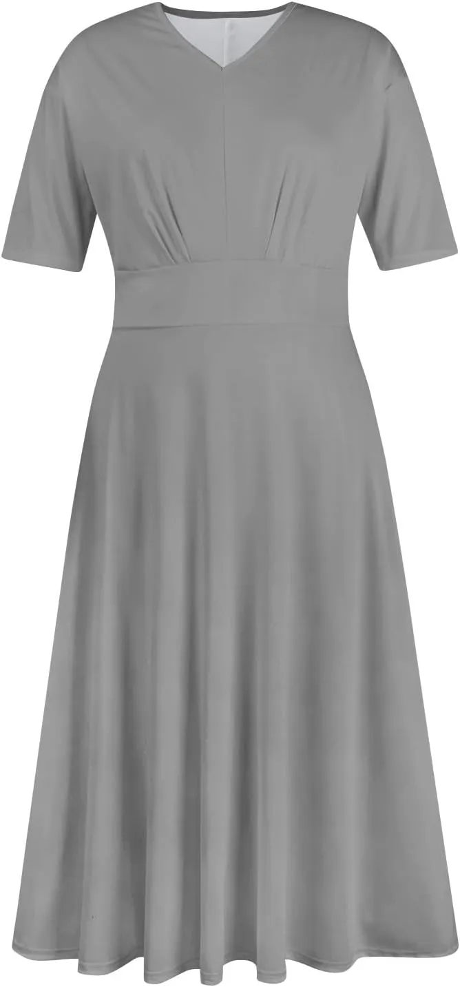 FlekmanArt Midi Dresses for Women A-Line Printing Swing Dress Short Sleeve Maxi Dress Waist V Neck Dressy Beach Dress