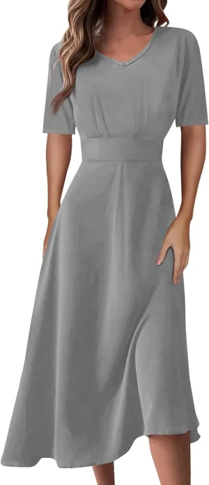 FlekmanArt Midi Dresses for Women A-Line Printing Swing Dress Short Sleeve Maxi Dress Waist V Neck Dressy Beach Dress