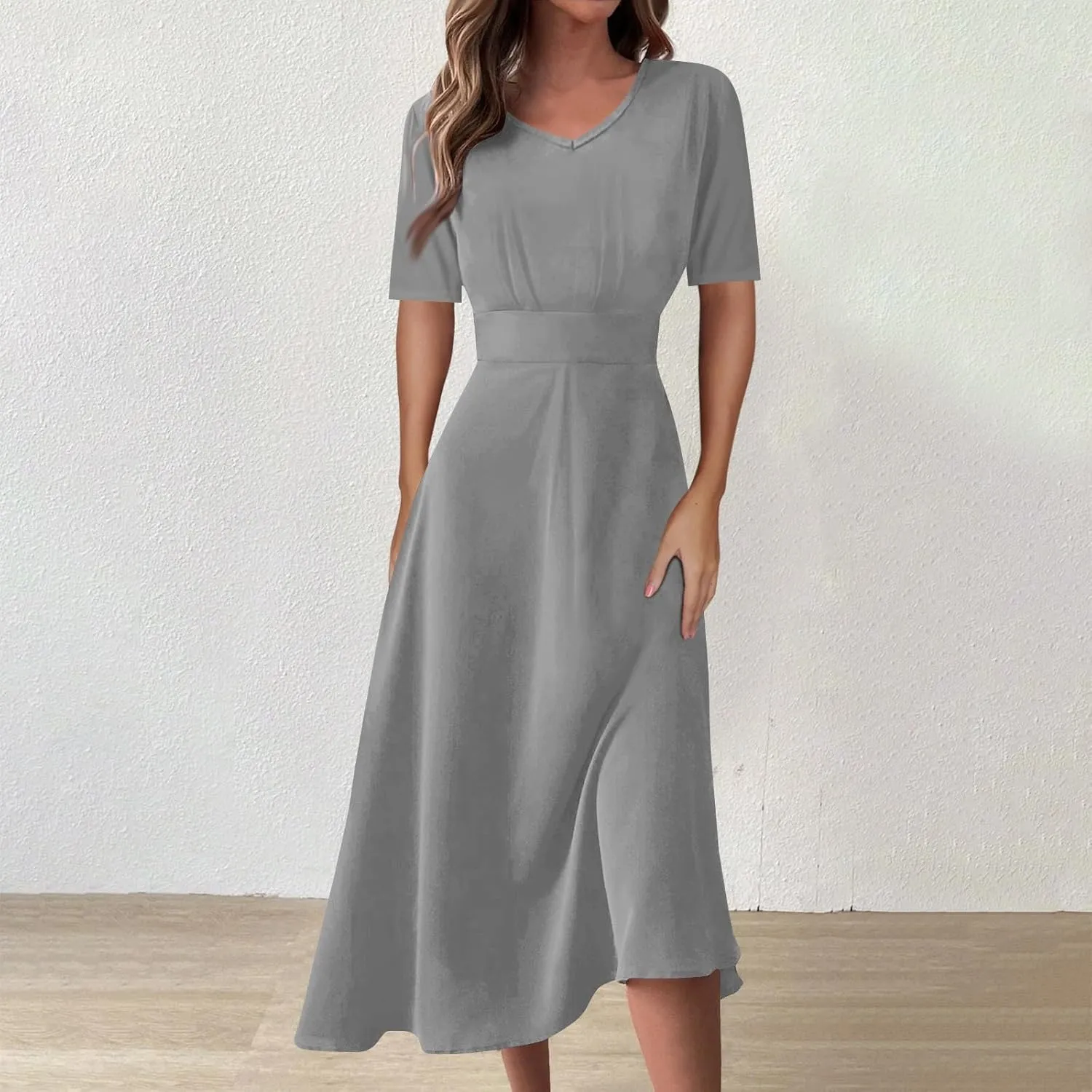FlekmanArt Midi Dresses for Women A-Line Printing Swing Dress Short Sleeve Maxi Dress Waist V Neck Dressy Beach Dress