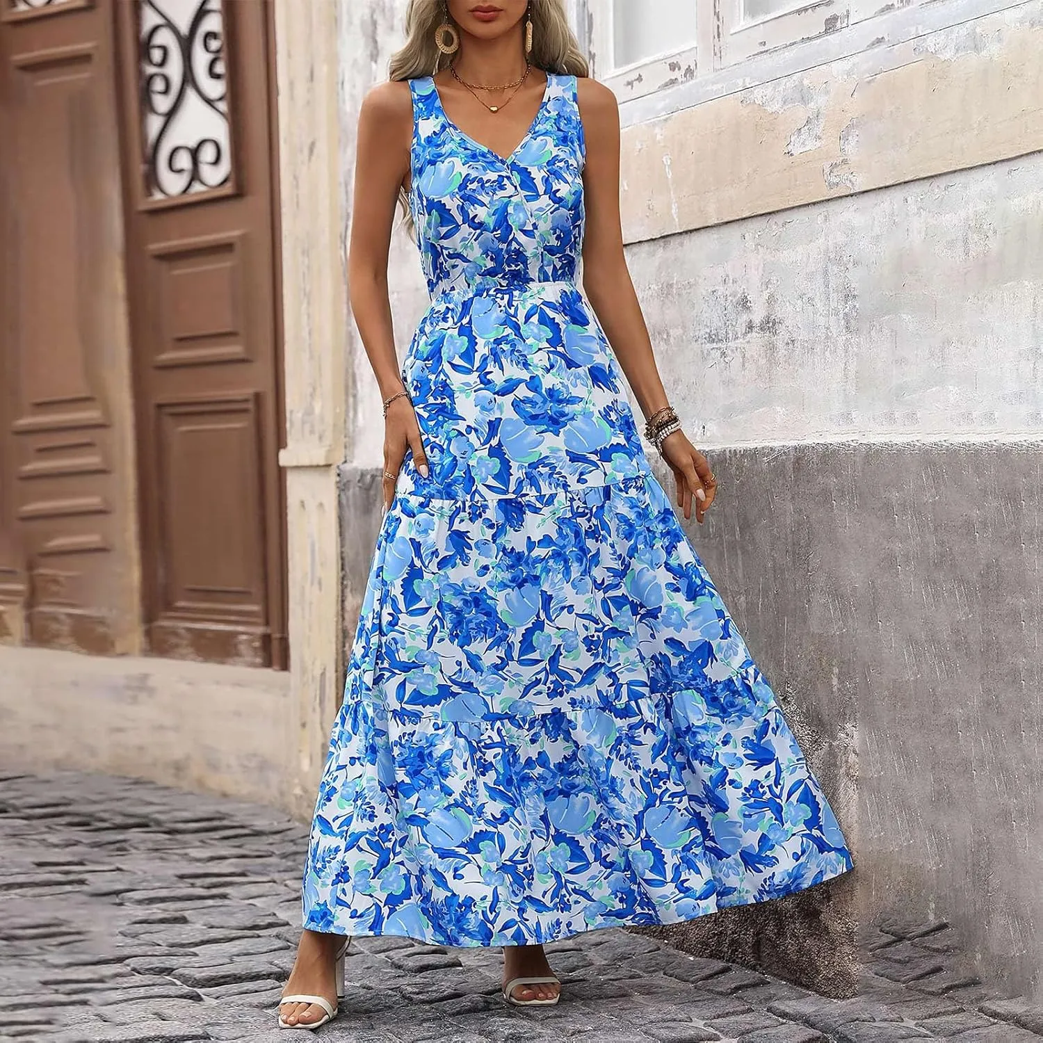 Floral Maxi Dresses for Women 2025 Flowy Sleeveless V Neck Wrap Dress Casual Summer Boho Beach Wedding Guest Dress