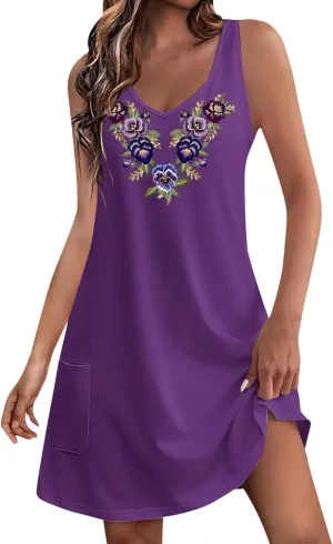 Floral Print Dresses for Women - Casual V-Neck Sundresses, Vintage Sleeveless Tshirt Dresses,Summer Beachwear 2025