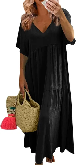 Flowy Dresses for Women Casual Loose Trendy Short Sleeve V-Neck Solid Color Vacation Linen Dress Plus Size, S-5XL