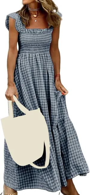 Flowy Dresses for Women Spring Summer Casual Plaid Dresses Smocked Spaghetti Strap Long Dress Vacation Maxi Dress