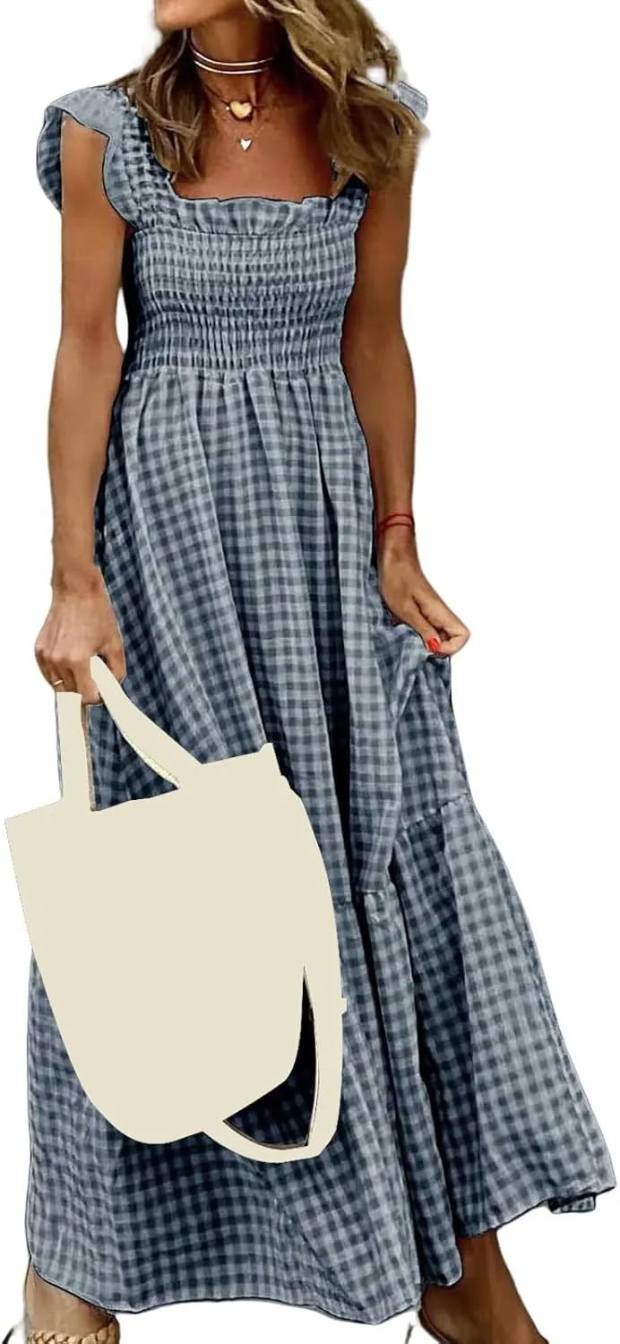 Flowy Dresses for Women Spring Summer Casual Plaid Dresses Smocked Spaghetti Strap Long Dress Vacation Maxi Dress