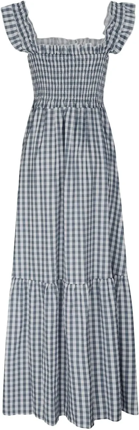 Flowy Dresses for Women Spring Summer Casual Plaid Dresses Smocked Spaghetti Strap Long Dress Vacation Maxi Dress