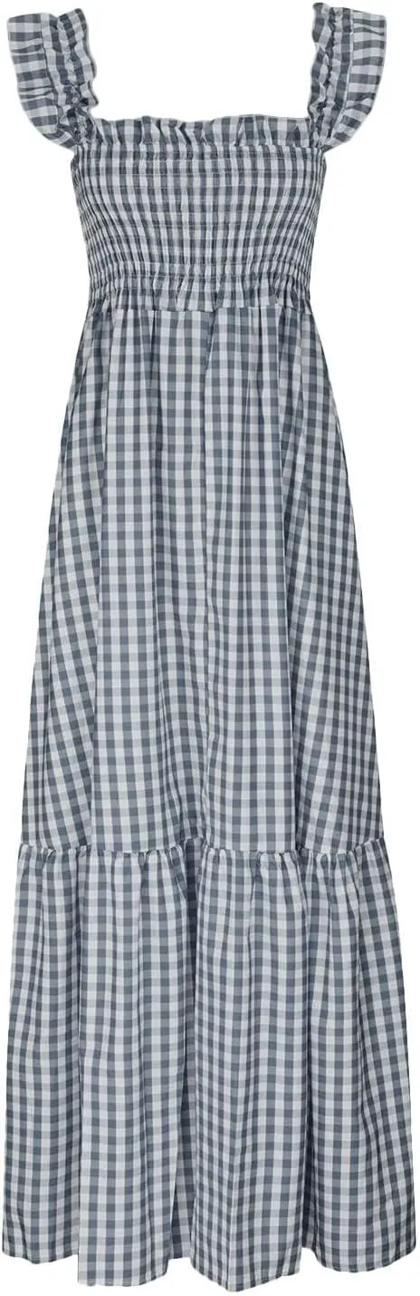 Flowy Dresses for Women Spring Summer Casual Plaid Dresses Smocked Spaghetti Strap Long Dress Vacation Maxi Dress