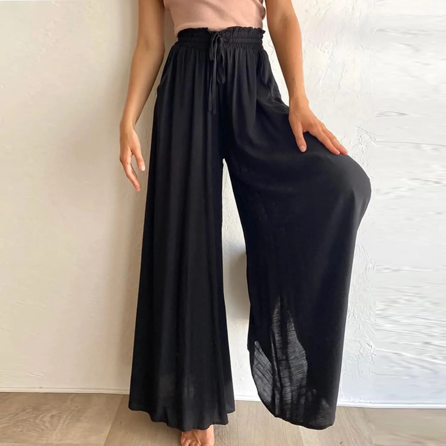 Flowy Wide Leg Pants for Women Ladies Chiffon High Waisted Palazzo Pants Comfy Paperbag Beach Pants with Pockets