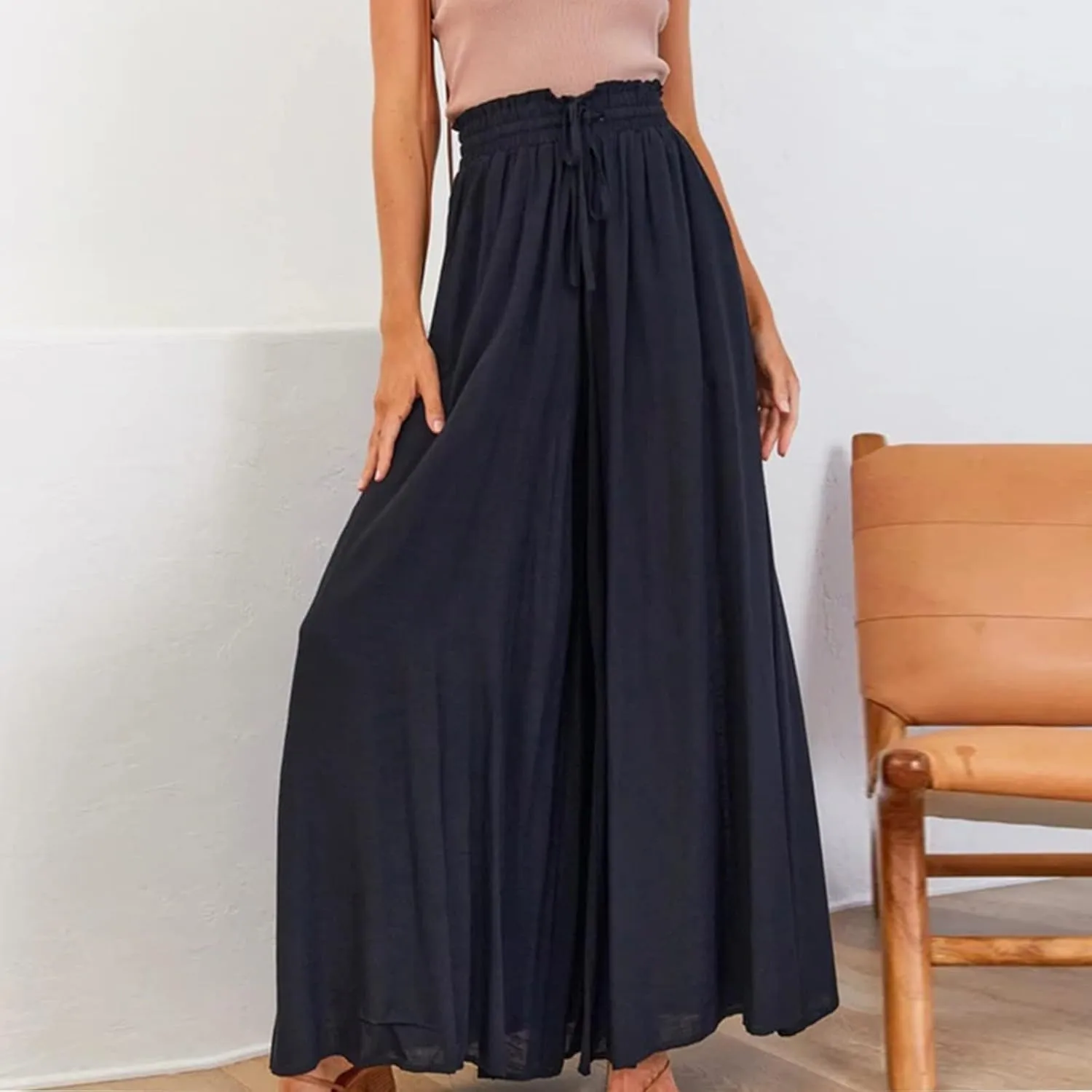 Flowy Wide Leg Pants for Women Ladies Chiffon High Waisted Palazzo Pants Comfy Paperbag Beach Pants with Pockets