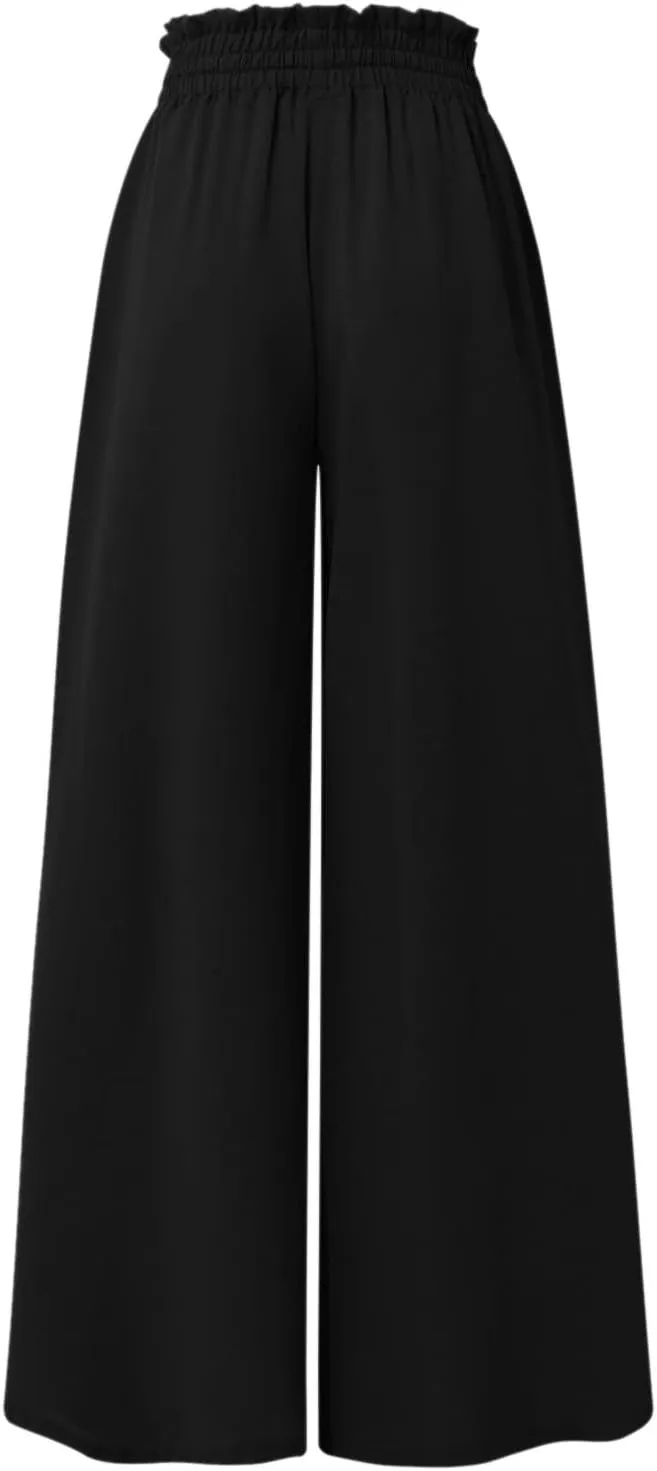 Flowy Wide Leg Pants for Women Ladies Chiffon High Waisted Palazzo Pants Comfy Paperbag Beach Pants with Pockets
