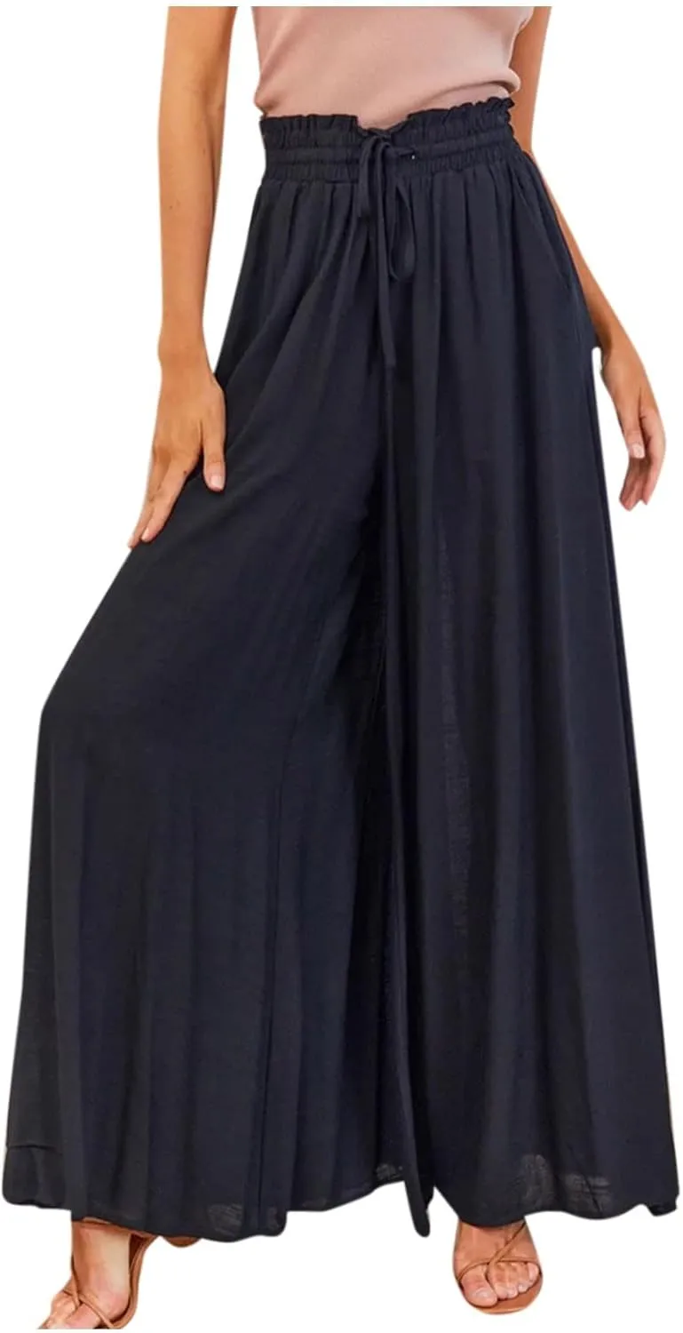 Flowy Wide Leg Pants for Women Ladies Chiffon High Waisted Palazzo Pants Comfy Paperbag Beach Pants with Pockets