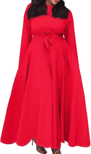 FQZWONG Plus Size Dresses for Curvy Women 2025 Spring Fashion Long Sleeve Maxi Dress Elegant Crewneck Beach Dress with Belt