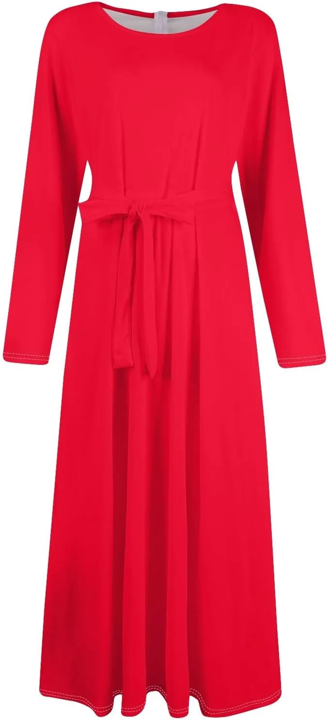 FQZWONG Plus Size Dresses for Curvy Women 2025 Spring Fashion Long Sleeve Maxi Dress Elegant Crewneck Beach Dress with Belt