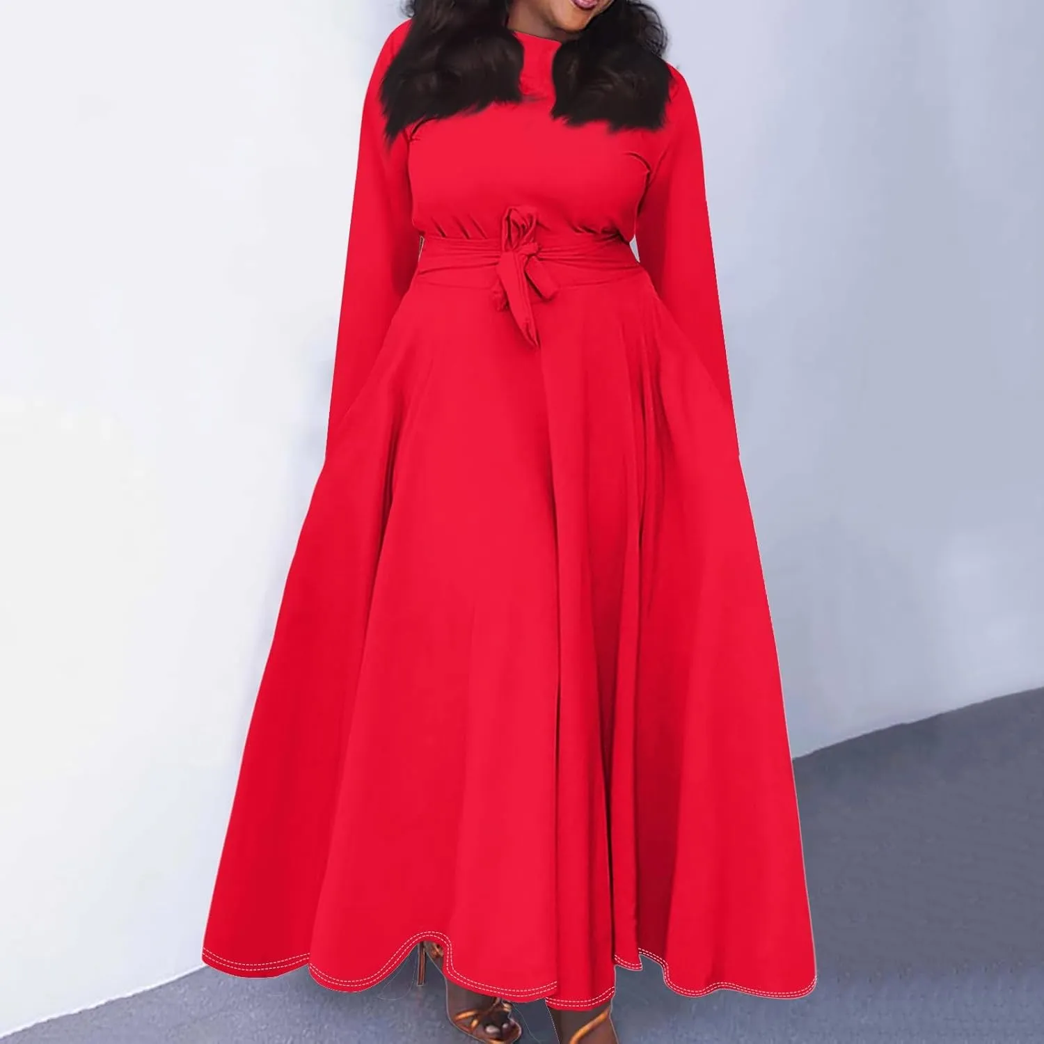 FQZWONG Plus Size Dresses for Curvy Women 2025 Spring Fashion Long Sleeve Maxi Dress Elegant Crewneck Beach Dress with Belt