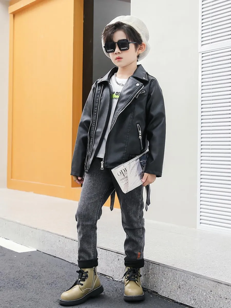 Girls Boys Biker Jacket Faux Leather Rivets Leather Motor Jacket Coat For Kids 3-16Years