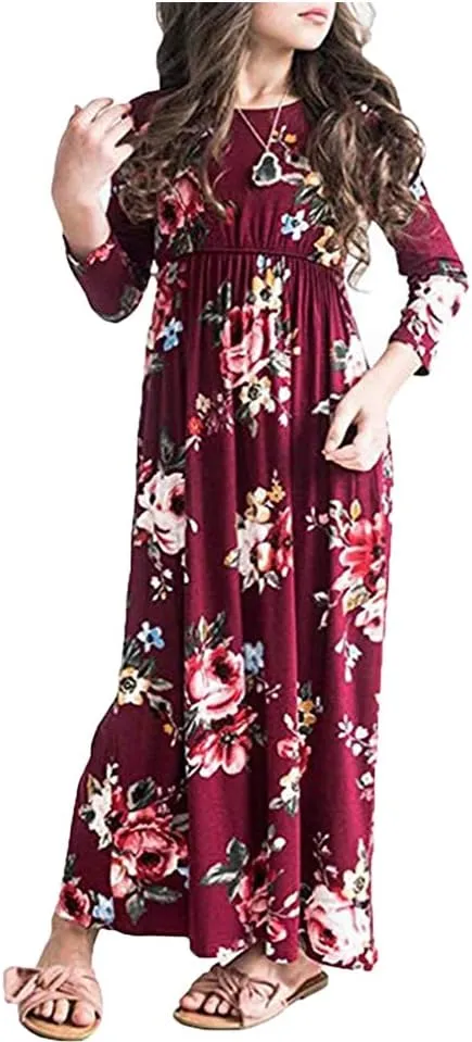Girls Floral Maxi Dress, Flower Printed Short Sleeves Dress with Pockets Summer Long Holiday Dress