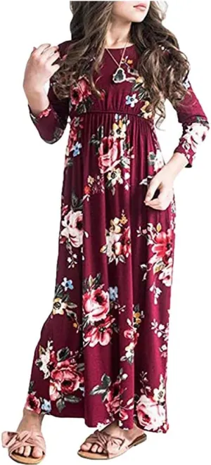 Girls Floral Maxi Dress, Flower Printed Short Sleeves Dress with Pockets Summer Long Holiday Dress