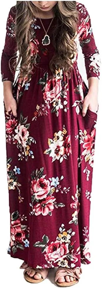 Girls Floral Maxi Dress, Flower Printed Short Sleeves Dress with Pockets Summer Long Holiday Dress