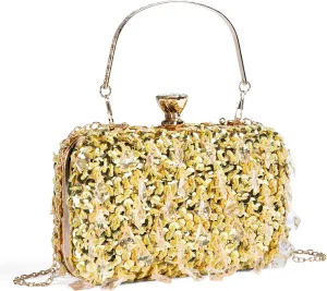 Gold Women's Evening Handbags,Rhinestone Beaded Sequin Evening Handbags Party Prom Purse Bridal Clutch Purses Fancy Crossbody Bag