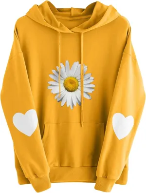 Heevina Hoodie Women Hoodies For Women Daisy Heart Flower Sunflower Printed Hooded Pockets Pullover Sweatshirts Top