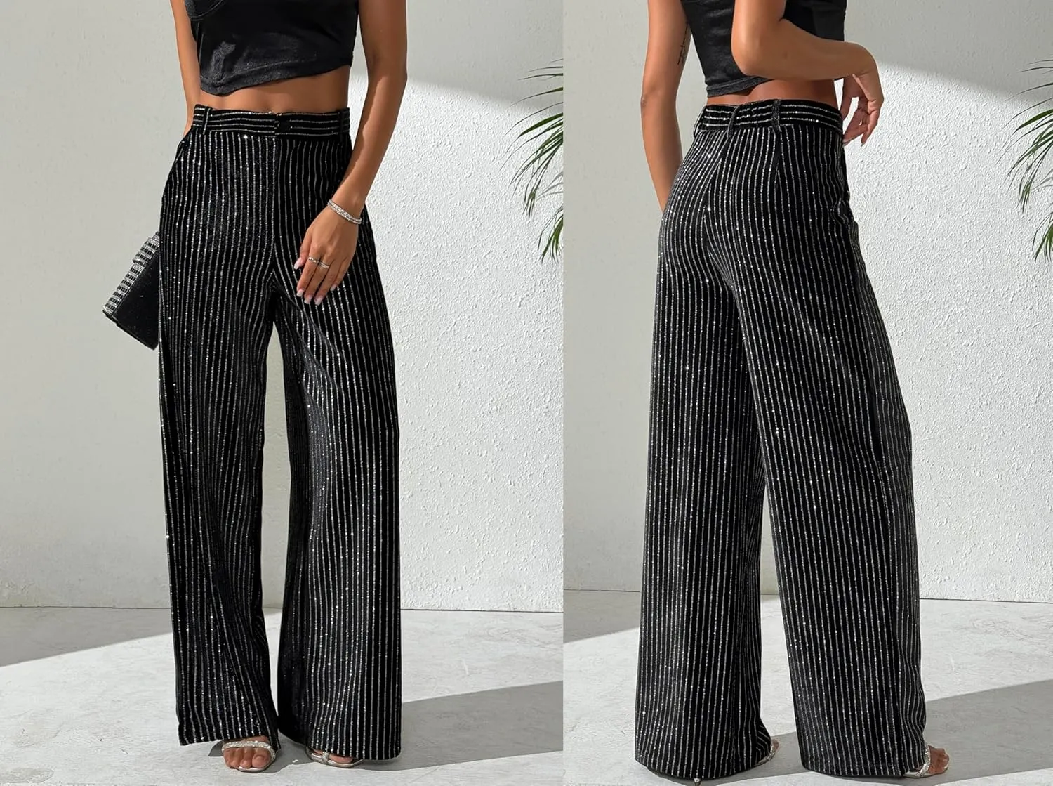 heipeiwa Women's Rhinestone Stripes Velvet Palazzo Pants High Waist Wide Leg Sparkle Shiny Sequin Trouser