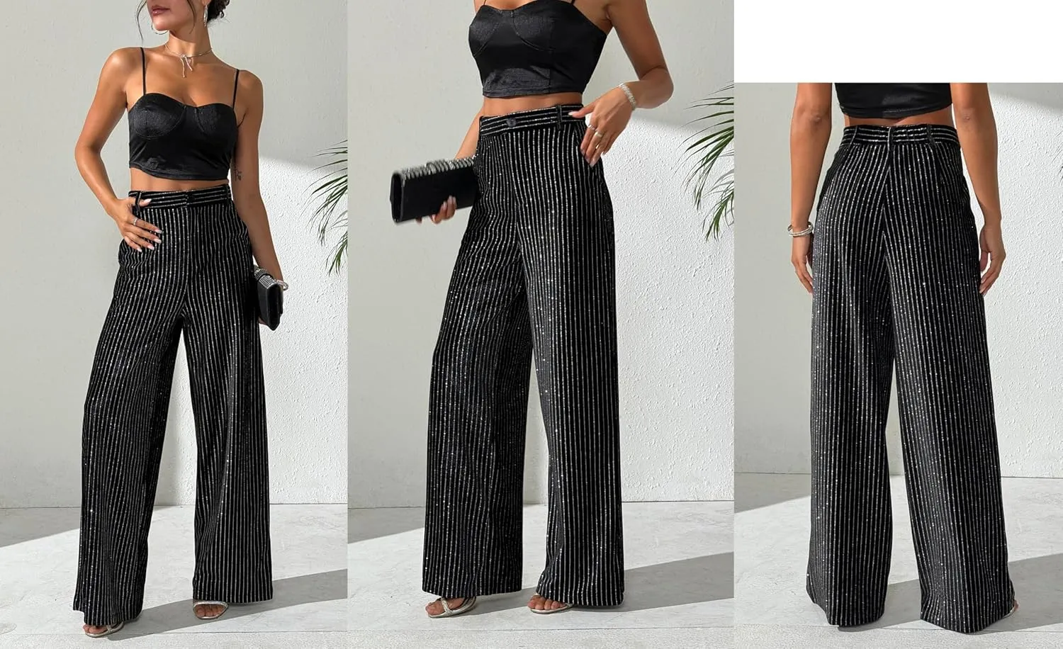 heipeiwa Women's Rhinestone Stripes Velvet Palazzo Pants High Waist Wide Leg Sparkle Shiny Sequin Trouser