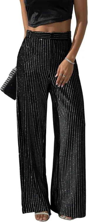 heipeiwa Women's Rhinestone Stripes Velvet Palazzo Pants High Waist Wide Leg Sparkle Shiny Sequin Trouser