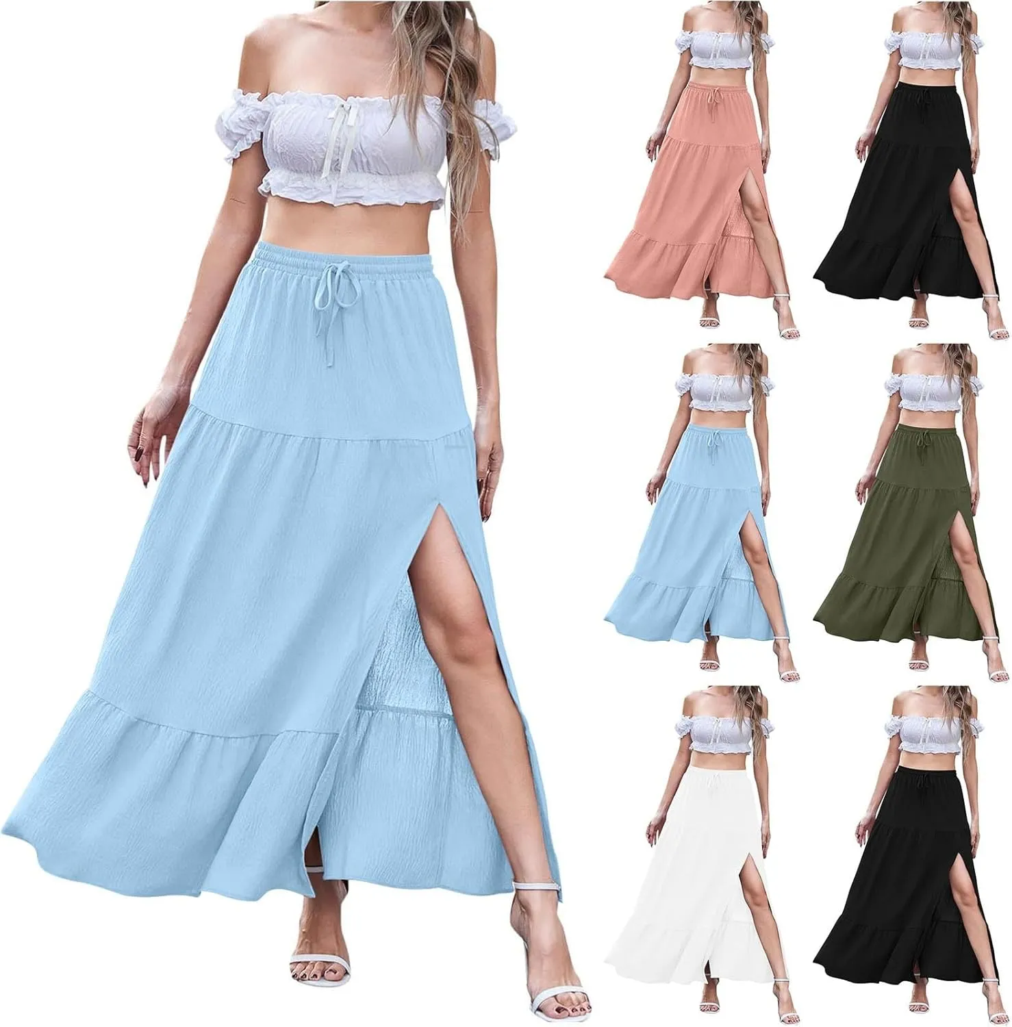 HGps8w Women's 2025 Summer Boho Linen Slit Flowy Maxi Skirt, Trendy Elastic Waist A Line Tiered Beach Long Skirts