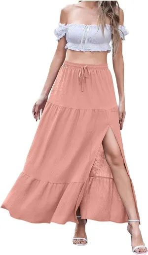 HGps8w Women's 2025 Summer Boho Linen Slit Flowy Maxi Skirt, Trendy Elastic Waist A Line Tiered Beach Long Skirts