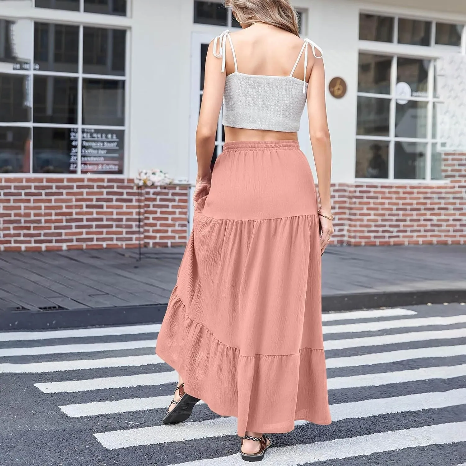 HGps8w Women's 2025 Summer Boho Linen Slit Flowy Maxi Skirt, Trendy Elastic Waist A Line Tiered Beach Long Skirts