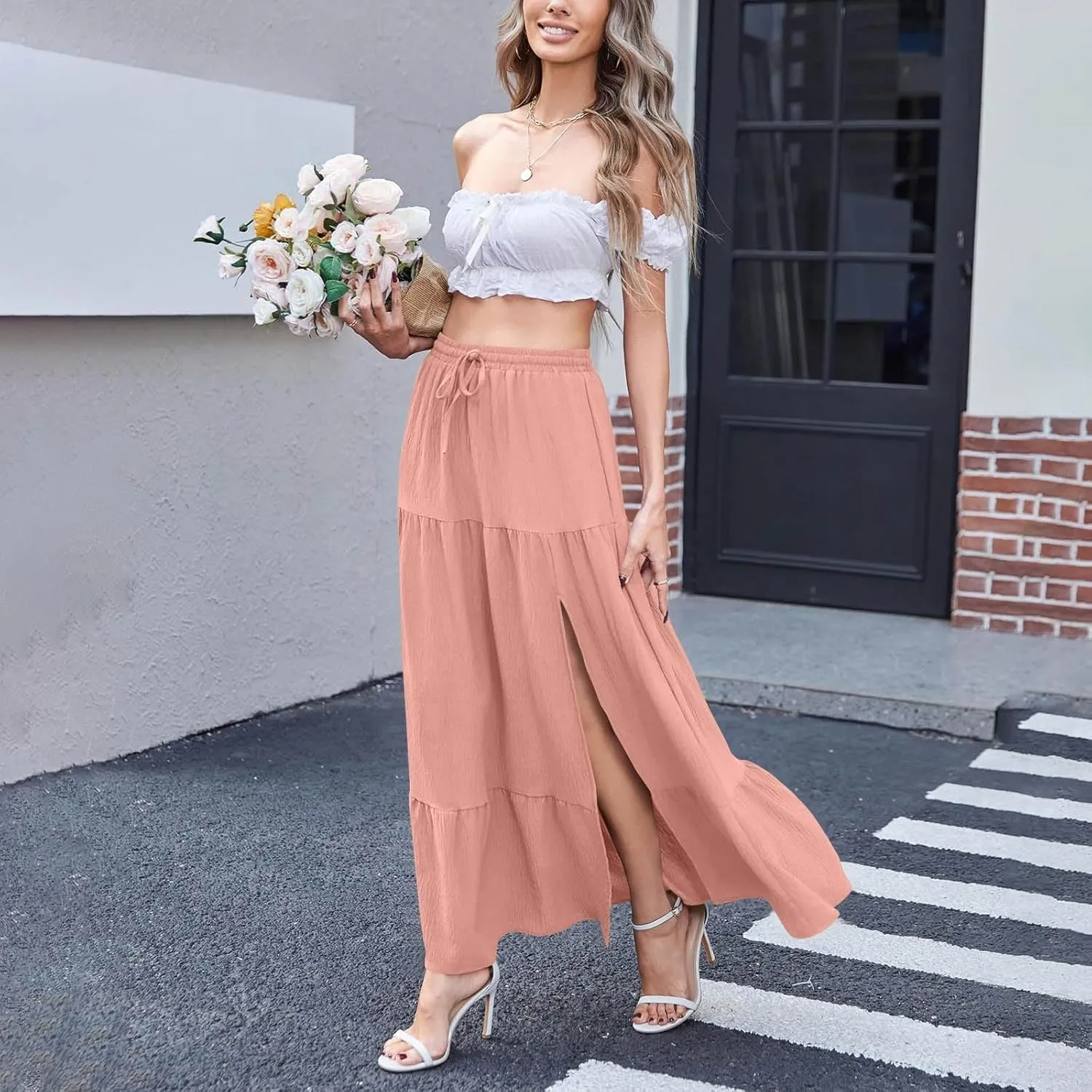 HGps8w Women's 2025 Summer Boho Linen Slit Flowy Maxi Skirt, Trendy Elastic Waist A Line Tiered Beach Long Skirts