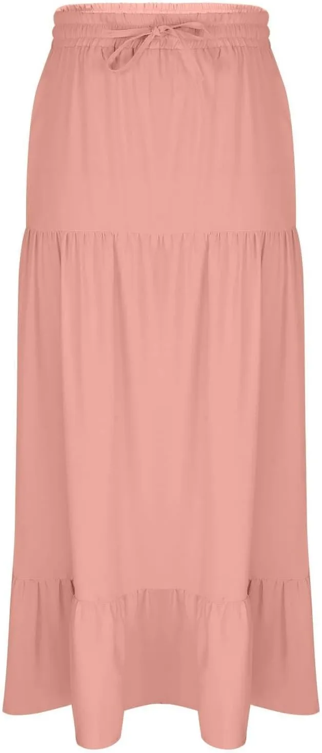 HGps8w Women's 2025 Summer Boho Linen Slit Flowy Maxi Skirt, Trendy Elastic Waist A Line Tiered Beach Long Skirts