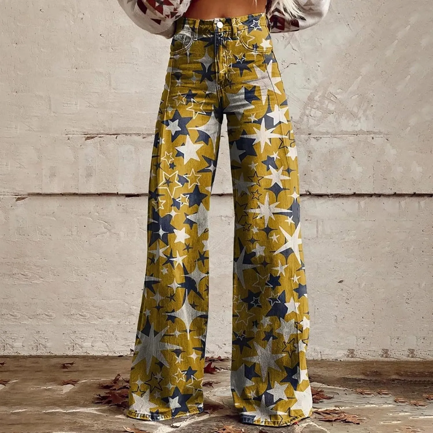 High Waist Casual Trendy Wide Leg Trousers Vintage Print Pants Straight Loose Cargo Pants Women Plus Size Hippie Pants