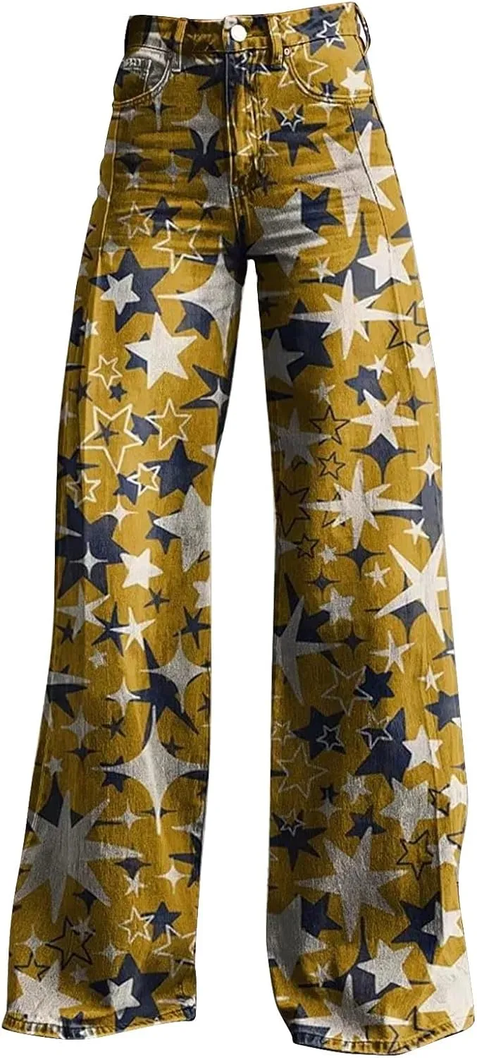 High Waist Casual Trendy Wide Leg Trousers Vintage Print Pants Straight Loose Cargo Pants Women Plus Size Hippie Pants