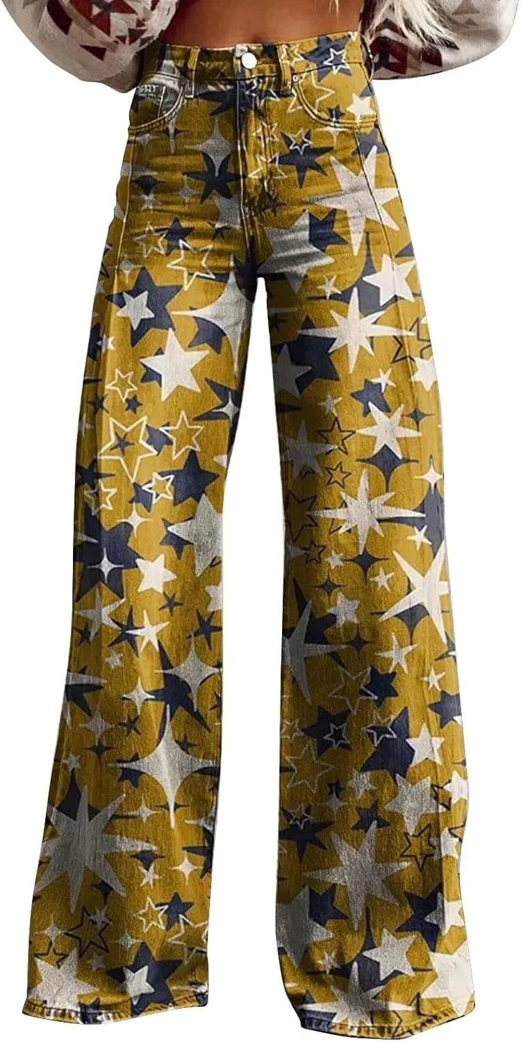 High Waist Casual Trendy Wide Leg Trousers Vintage Print Pants Straight Loose Cargo Pants Women Plus Size Hippie Pants