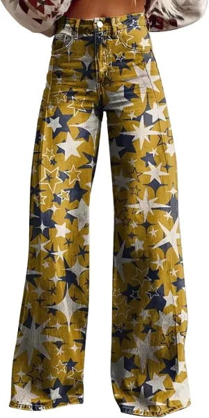 High Waist Casual Trendy Wide Leg Trousers Vintage Print Pants Straight Loose Cargo Pants Women Plus Size Hippie Pants