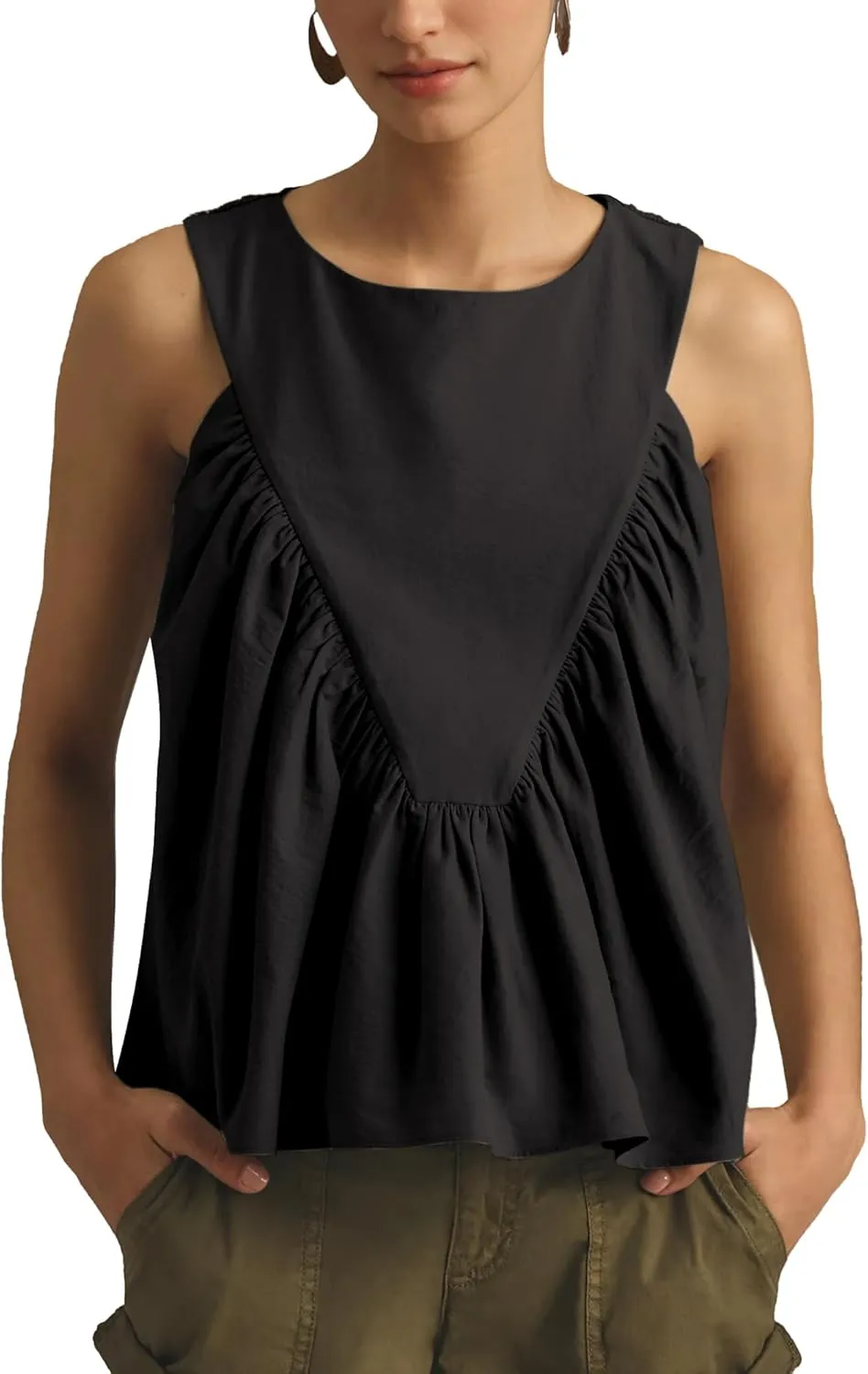 Hixiaohe Shirred Swing Tank Tops for Women Fashion Flowy Sleeveless Shirts Casual Crew Neck Blouse Loose Fit Ruffled Tops