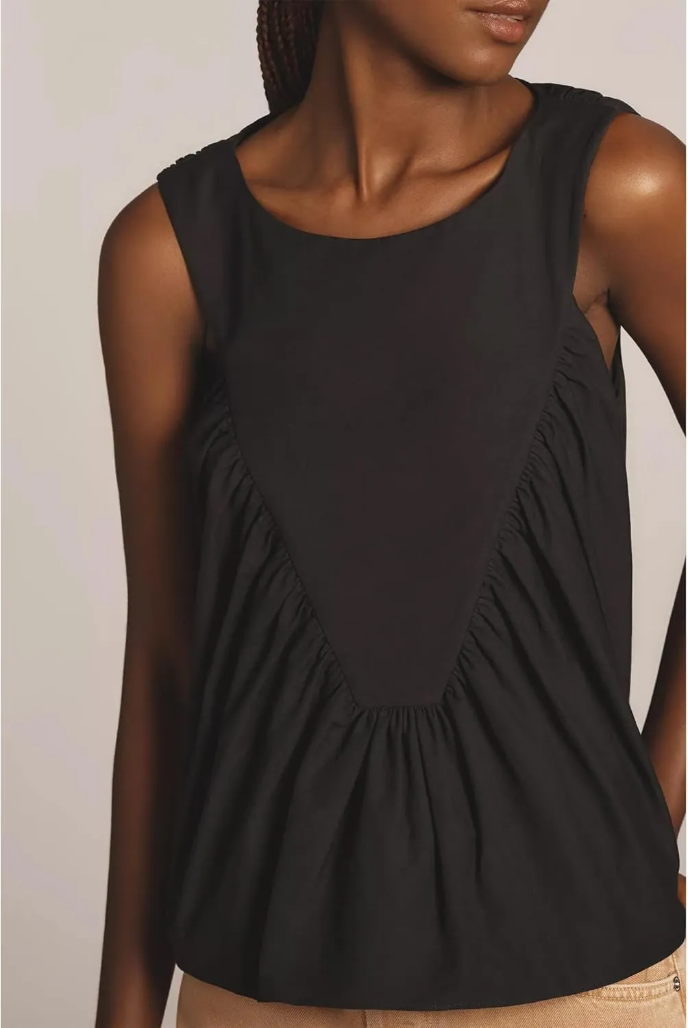 Hixiaohe Shirred Swing Tank Tops for Women Fashion Flowy Sleeveless Shirts Casual Crew Neck Blouse Loose Fit Ruffled Tops