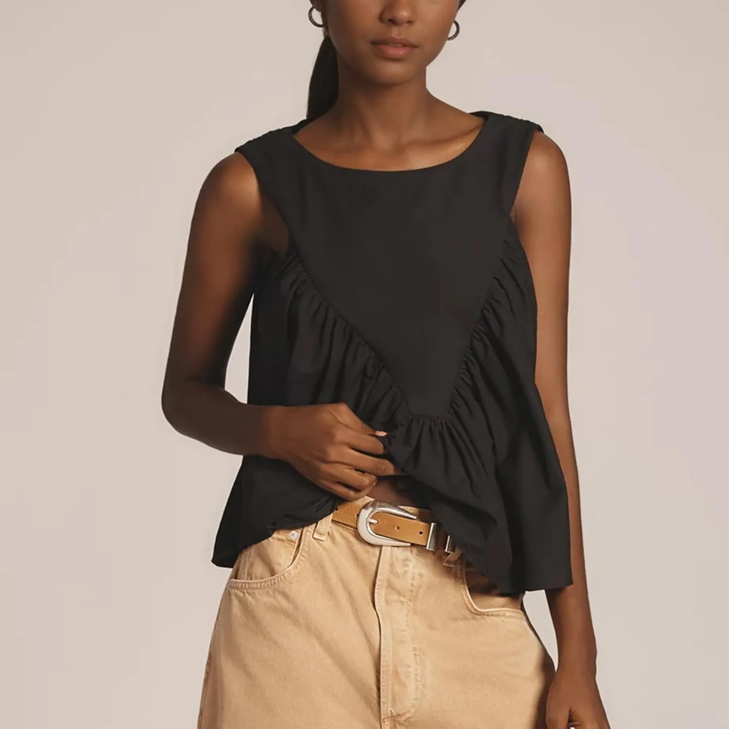 Hixiaohe Shirred Swing Tank Tops for Women Fashion Flowy Sleeveless Shirts Casual Crew Neck Blouse Loose Fit Ruffled Tops
