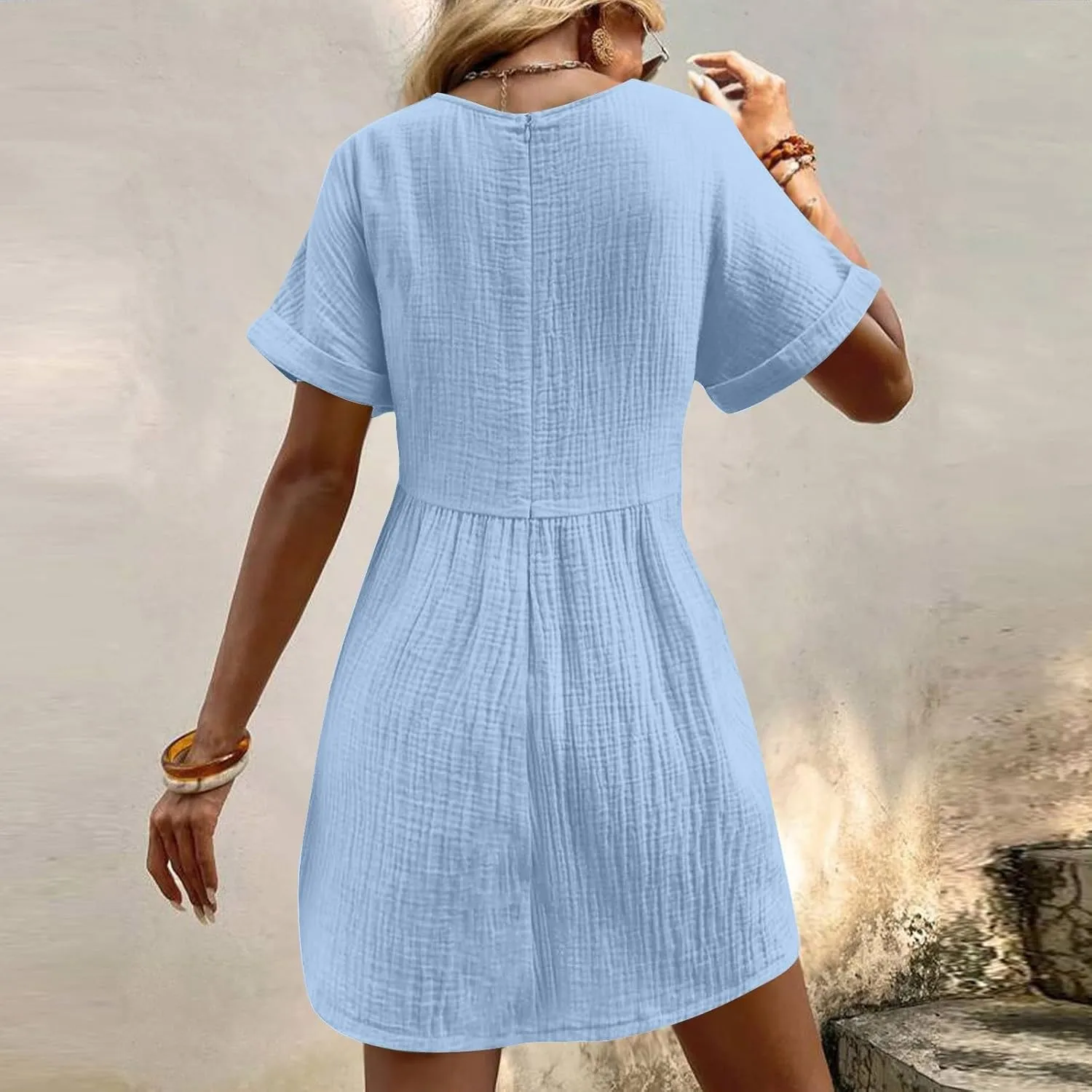 hlysgo Womens Summer Dresses 2024 Casual Loose Fit Short Sleeve V Neck Mini Dress Trendy Vacation Tshirt Dress with Pockets