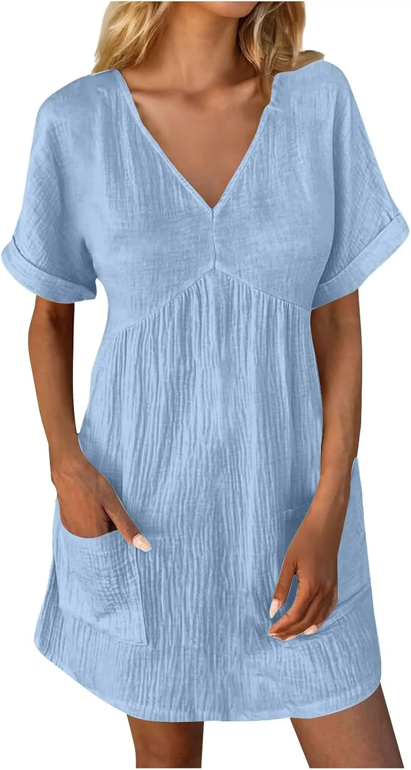 hlysgo Womens Summer Dresses 2024 Casual Loose Fit Short Sleeve V Neck Mini Dress Trendy Vacation Tshirt Dress with Pockets