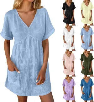hlysgo Womens Summer Dresses 2024 Casual Loose Fit Short Sleeve V Neck Mini Dress Trendy Vacation Tshirt Dress with Pockets