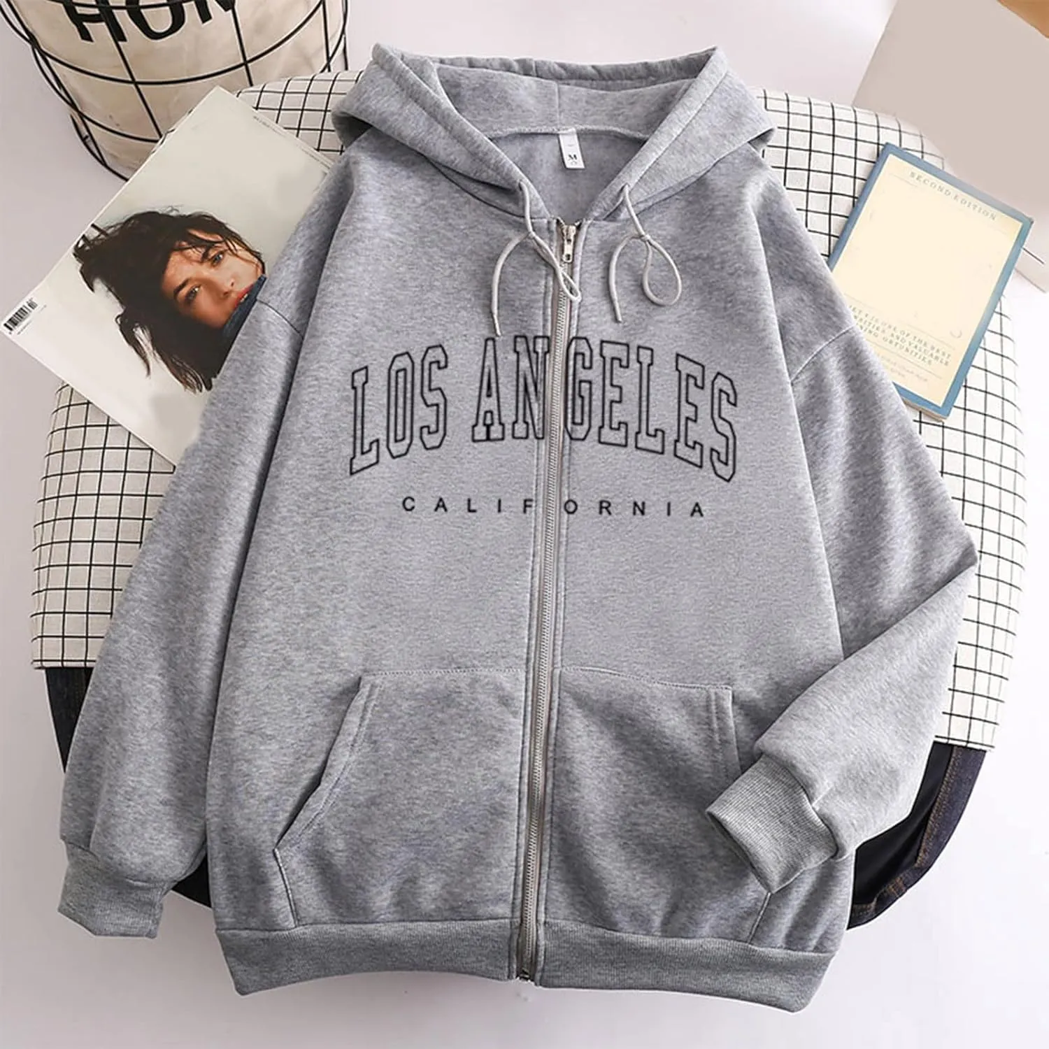Hoodies for Women Pullover Losangeles Letter Print Hooded Sweatshirt with Pocket Long Sleeve Causal Fleece Tee Aesthetic Fall