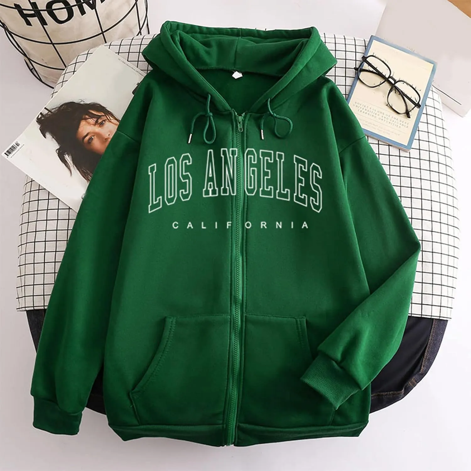 Hoodies for Women Pullover Losangeles Letter Print Hooded Sweatshirt with Pocket Long Sleeve Causal Fleece Tee Aesthetic Fall