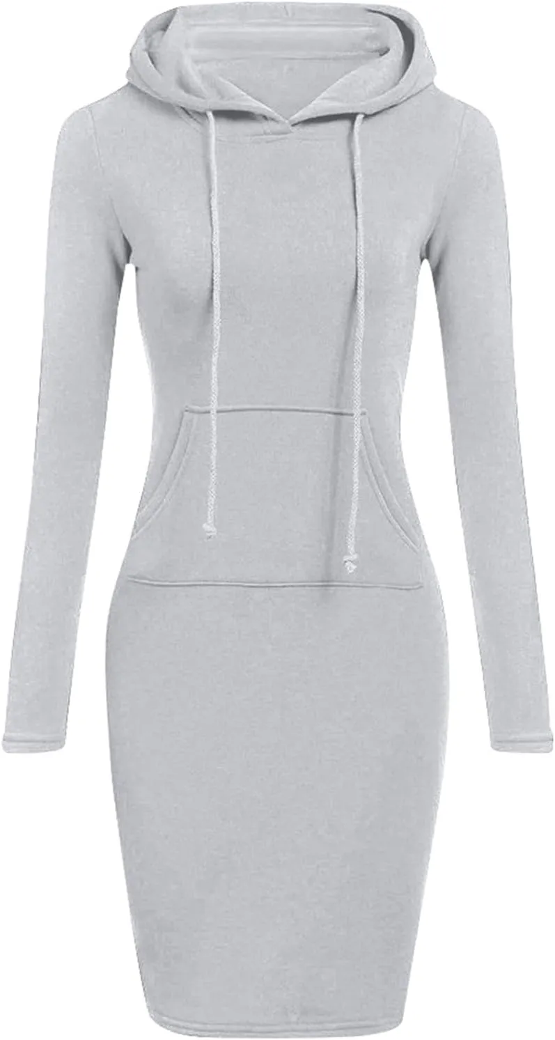 HXHYQKP Hoodie Dress for Women 2025 Fashion Sweatshirt Dress Knee Length Slim Pullover Hoodie Dresses with Pockets